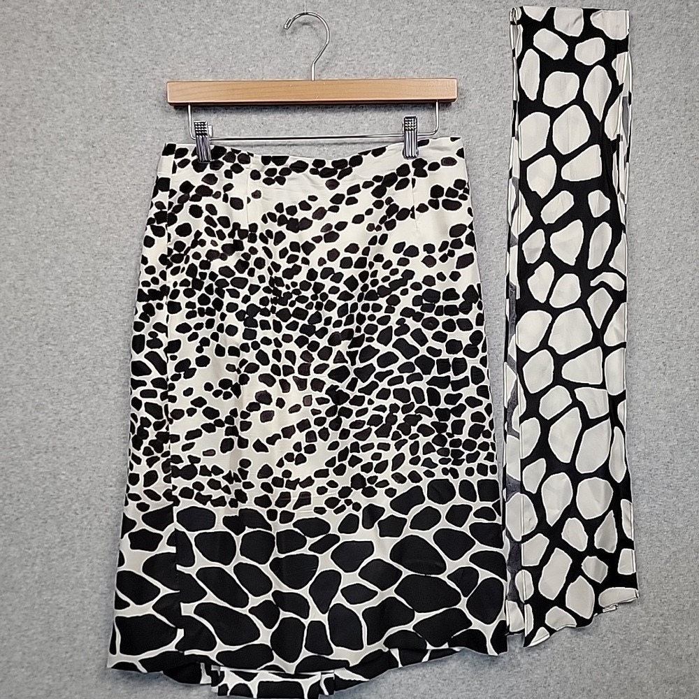 Doncaster Silk Black White Abstract Print Midi Skirt Lined Matching‎ Scarf Sz 8